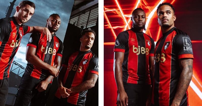 Bournemouth home kit, featuring black and red stripes with gold detailing